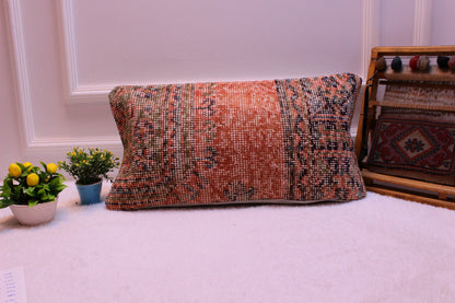 Orange Turkish Rug Pillow Cover: Boho Lumbar Cushion (12x24 in)