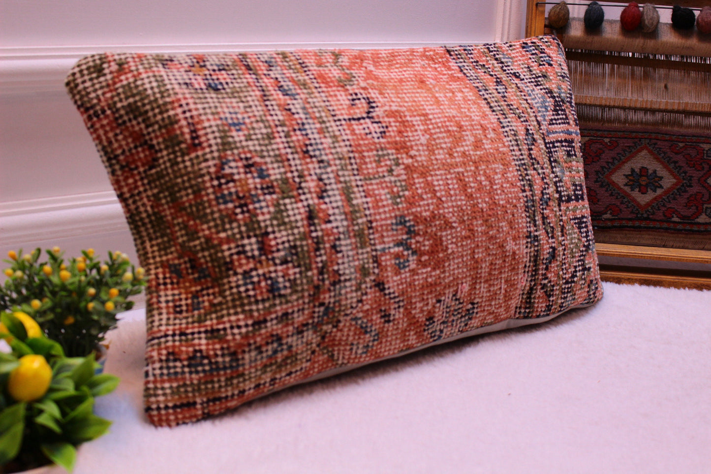 Orange Turkish Rug Pillow Cover: Boho Lumbar Cushion (12x24 in)