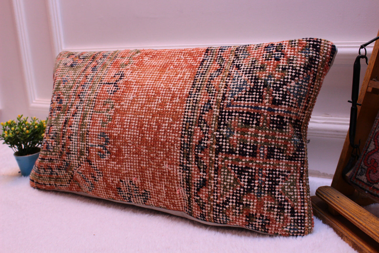 Orange Turkish Rug Pillow Cover: Boho Lumbar Cushion (12x24 in)