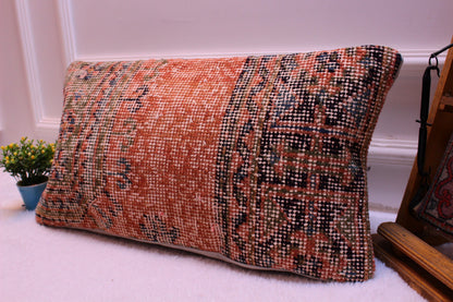 Orange Turkish Rug Pillow Cover: Boho Lumbar Cushion (12x24 in)