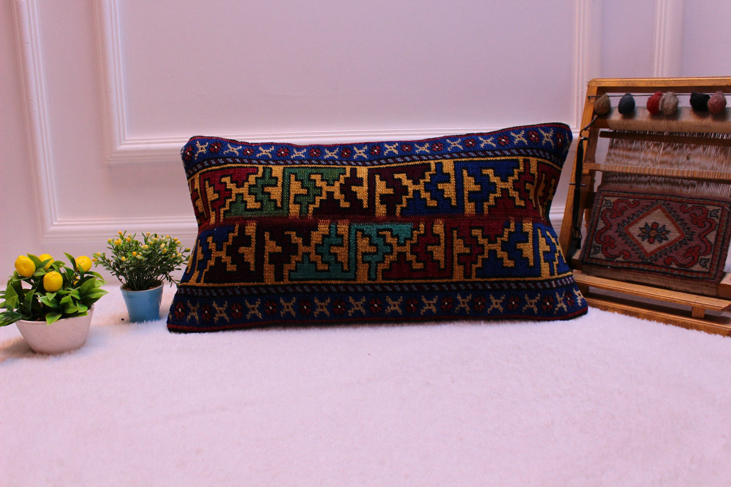 Handmade Turkish Rug Lumbar Pillow Cover: Colorful Geometric Design (12x24 in)