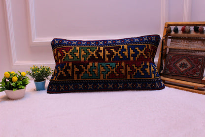 Handmade Turkish Rug Lumbar Pillow Cover: Colorful Geometric Design (12x24 in)