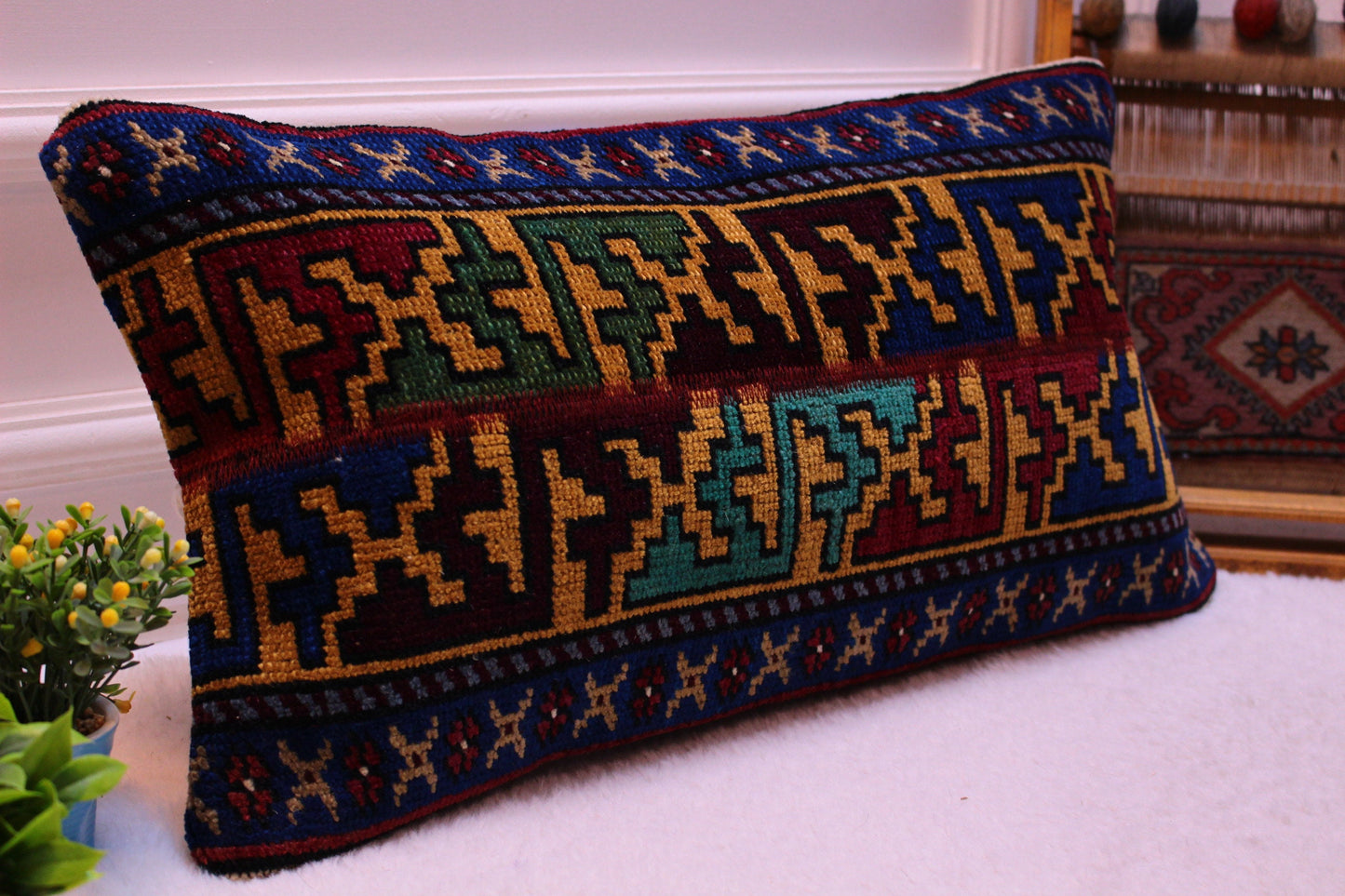 Handmade Turkish Rug Lumbar Pillow Cover: Colorful Geometric Design (12x24 in)