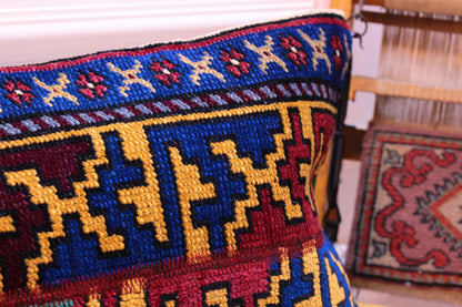 Handmade Turkish Rug Lumbar Pillow Cover: Colorful Geometric Design (12x24 in)