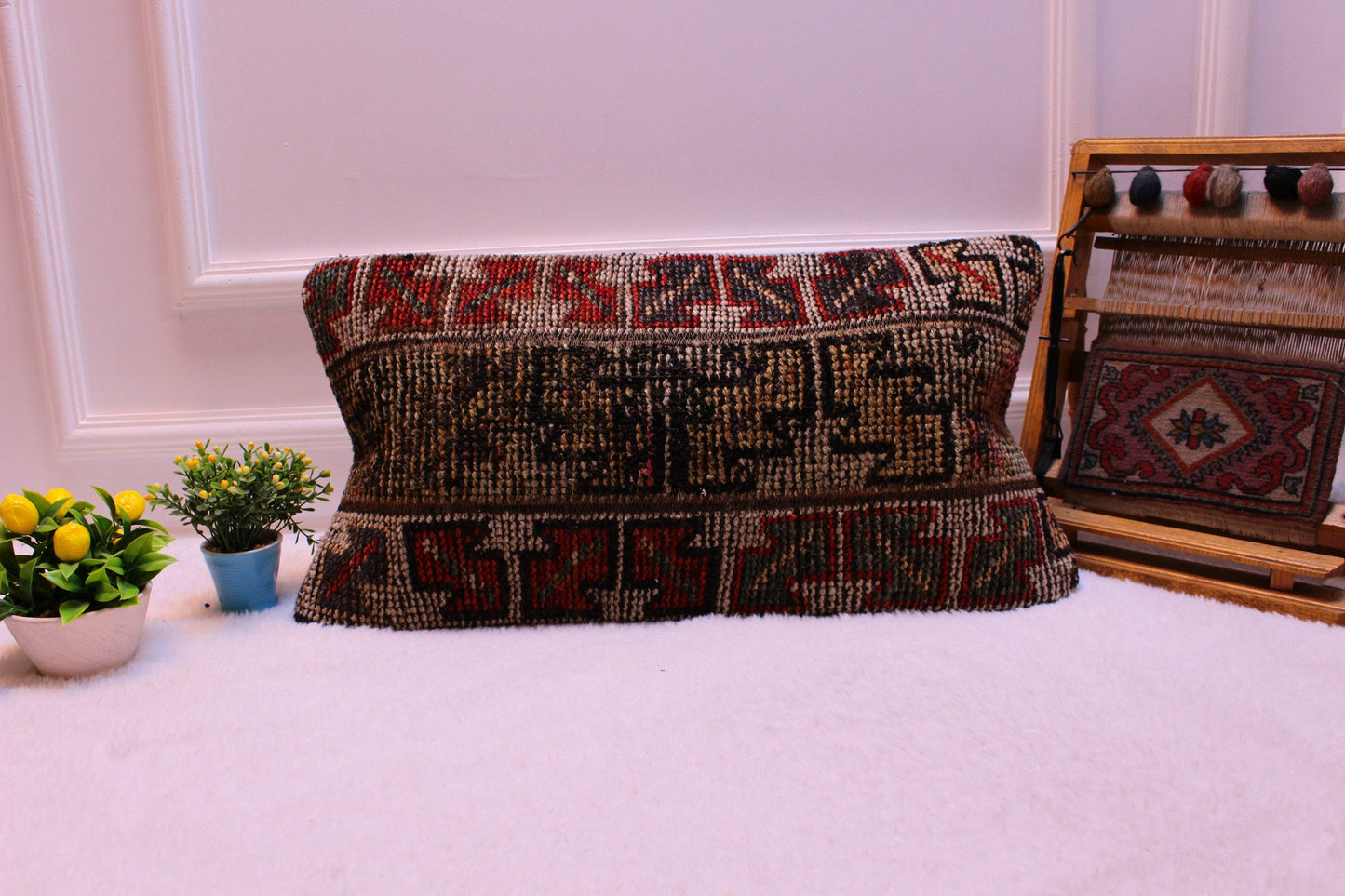 Turkish Lumbar Pillow Cover: Boho Rug Pillow, 12x24 inch