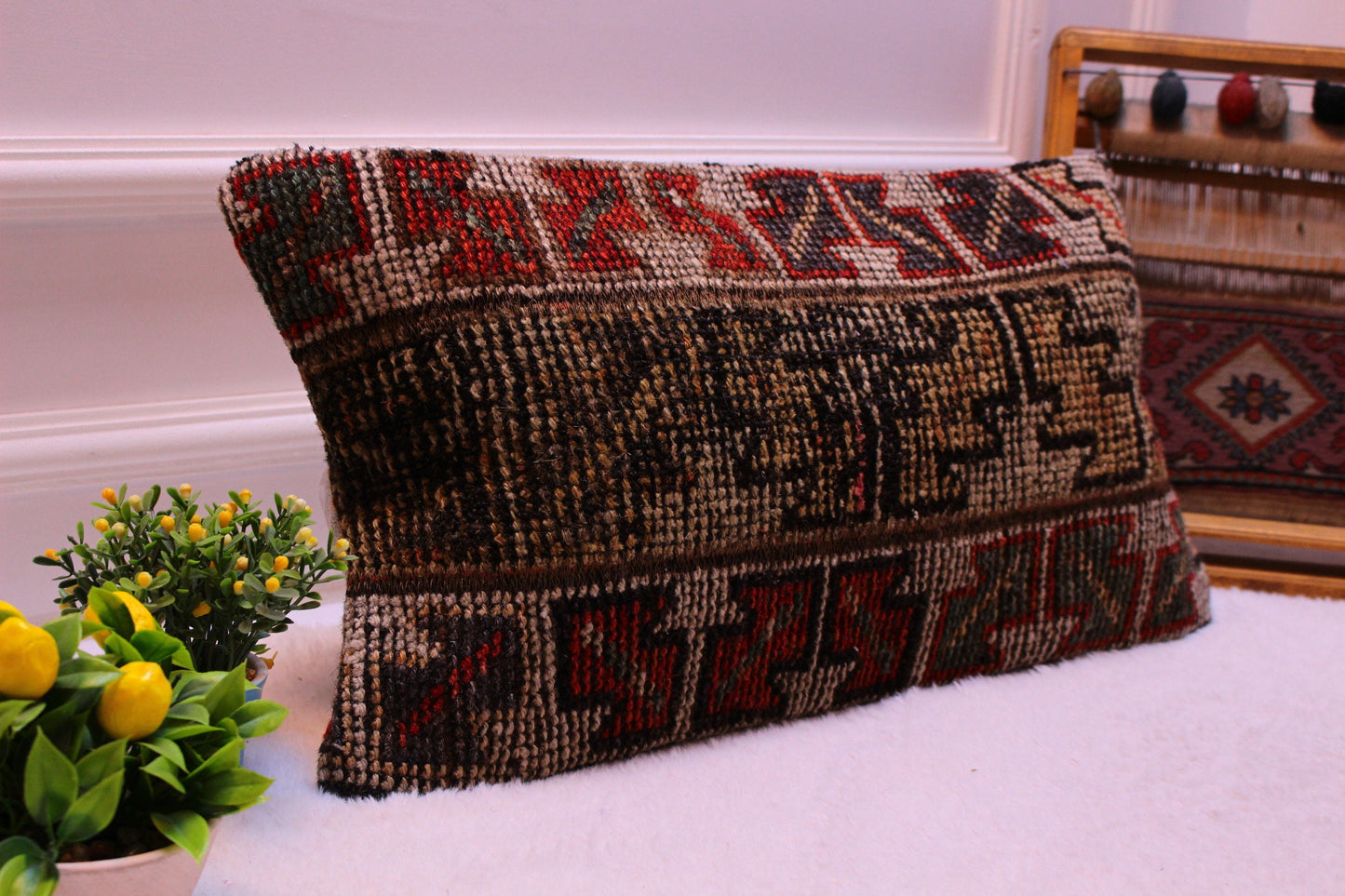 Turkish Lumbar Pillow Cover: Boho Rug Pillow, 12x24 inch