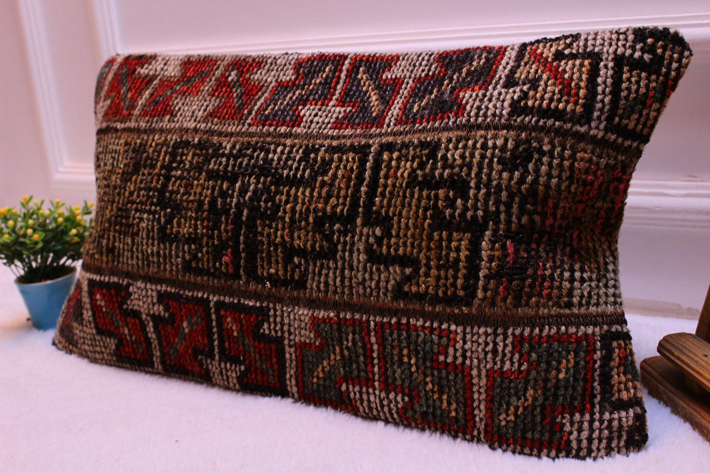 Turkish Lumbar Pillow Cover: Boho Rug Pillow, 12x24 inch