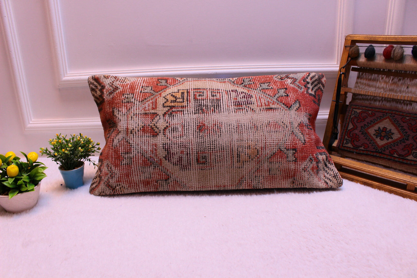 Handmade Kilim Pillow Cover: Upcycled Turkish Rug, Boho Decor (12x24 inc)
