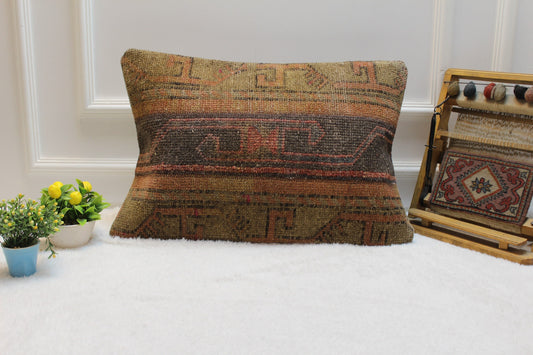 Vintage Turkish Rug Pillow: Handmade Boho Cushion Cover (16x24 inc)