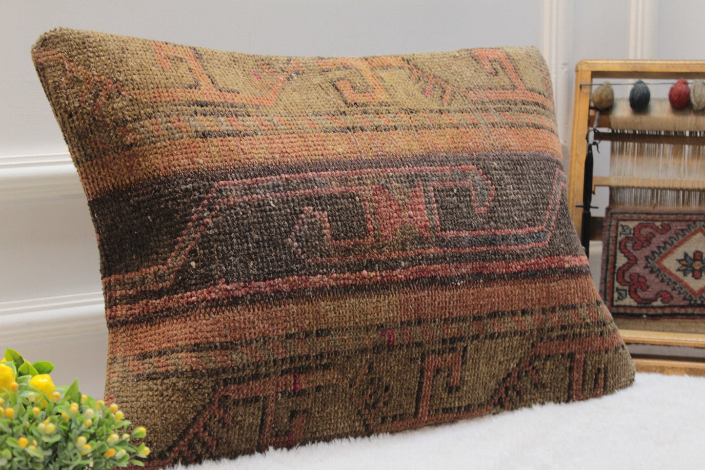 Vintage Turkish Rug Pillow: Handmade Boho Cushion Cover (16x24 inc)