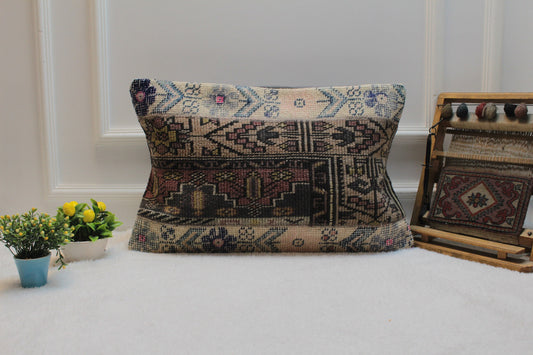 Handmade Kilim Lumbar Pillow Cover: Upcycled Anatolian Rug, 16x24 inch