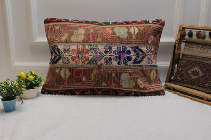 Handmade Turkish Kilim Pillow Cover: Upcycled Wool Lumbar Pillow, 16x24