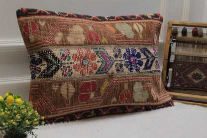 Handmade Turkish Kilim Pillow Cover: Upcycled Wool Lumbar Pillow, 16x24