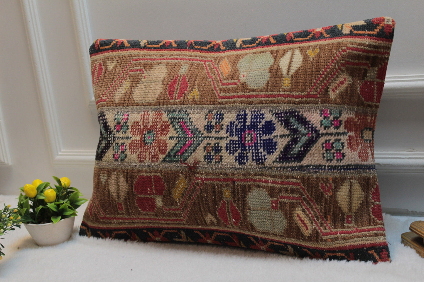 Handmade Turkish Kilim Pillow Cover: Upcycled Wool Lumbar Pillow, 16x24