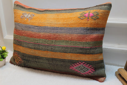 Handmade Kilim Lumbar Pillow Cover: Upcycled Woven Rug, 16x24 inch