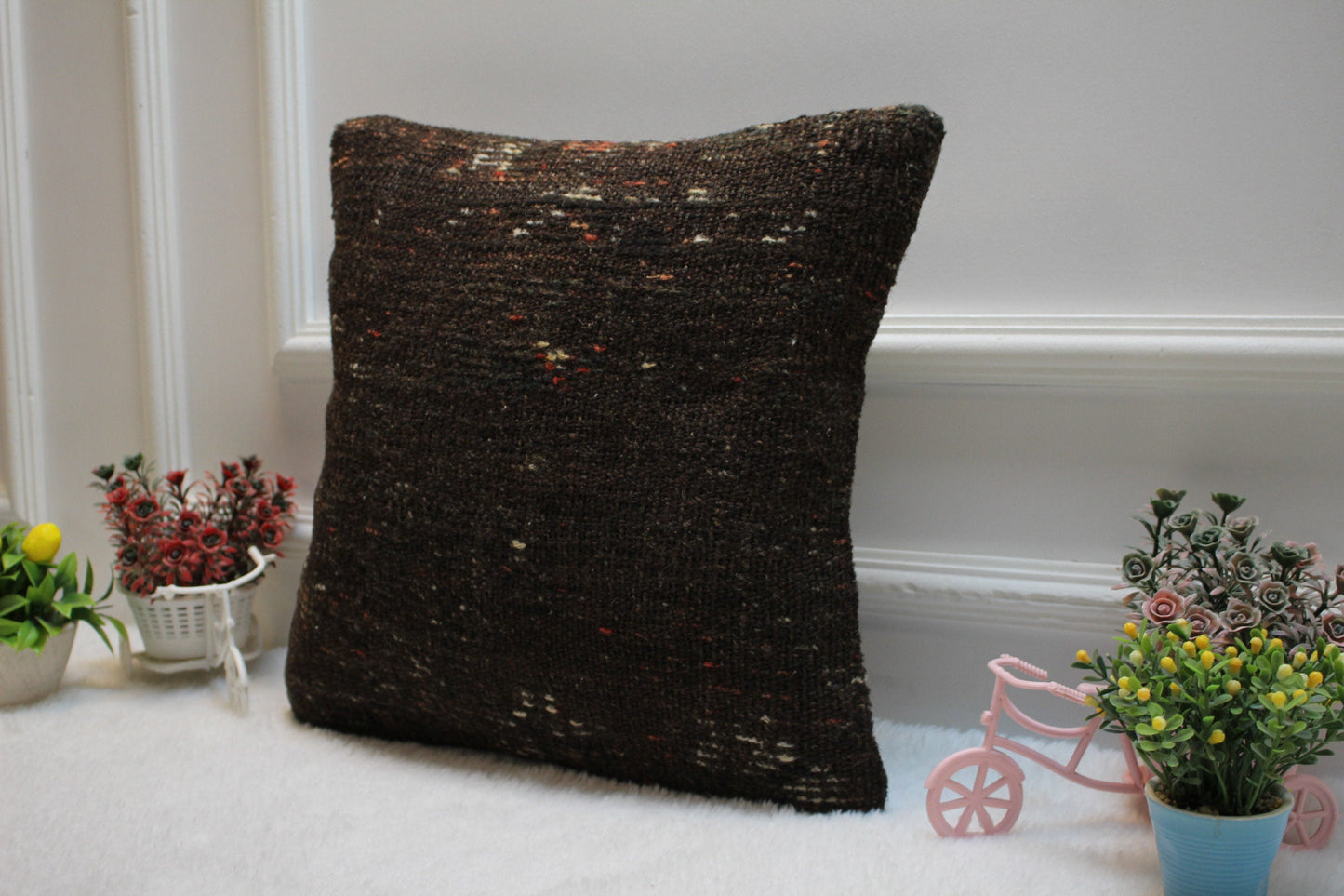 Handmade Kilim Pillow Cover: Upcycled Turkish Woven Rug, Brown 16x16 Square