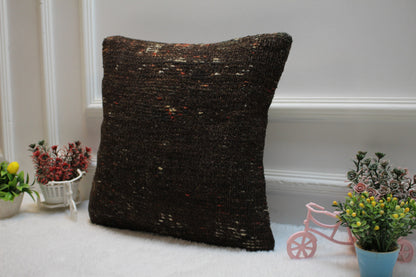 Handmade Kilim Pillow Cover: Upcycled Turkish Woven Rug, Brown 16x16 Square