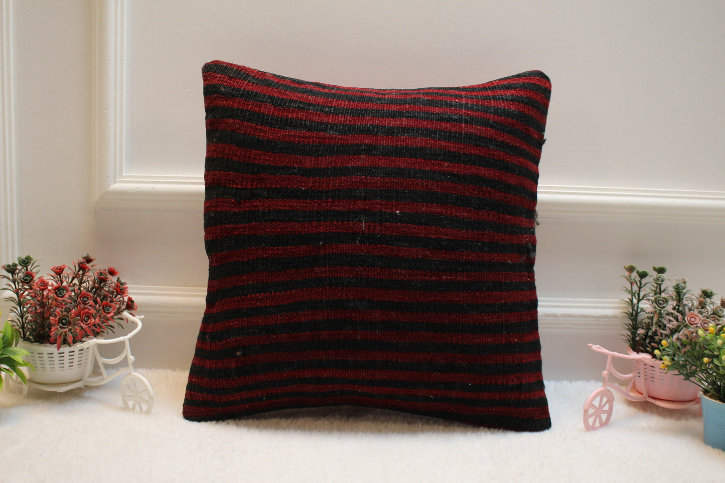 Red and Black Striped Kilim Pillow: Organic Wool Throw Pillow (16x16 in)