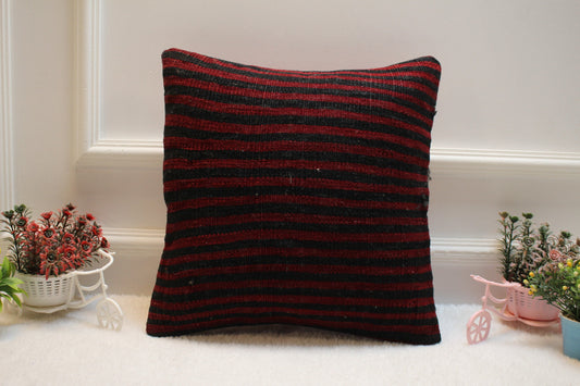 Red and Black Striped Kilim Pillow: Organic Wool Throw Pillow (16x16 in)