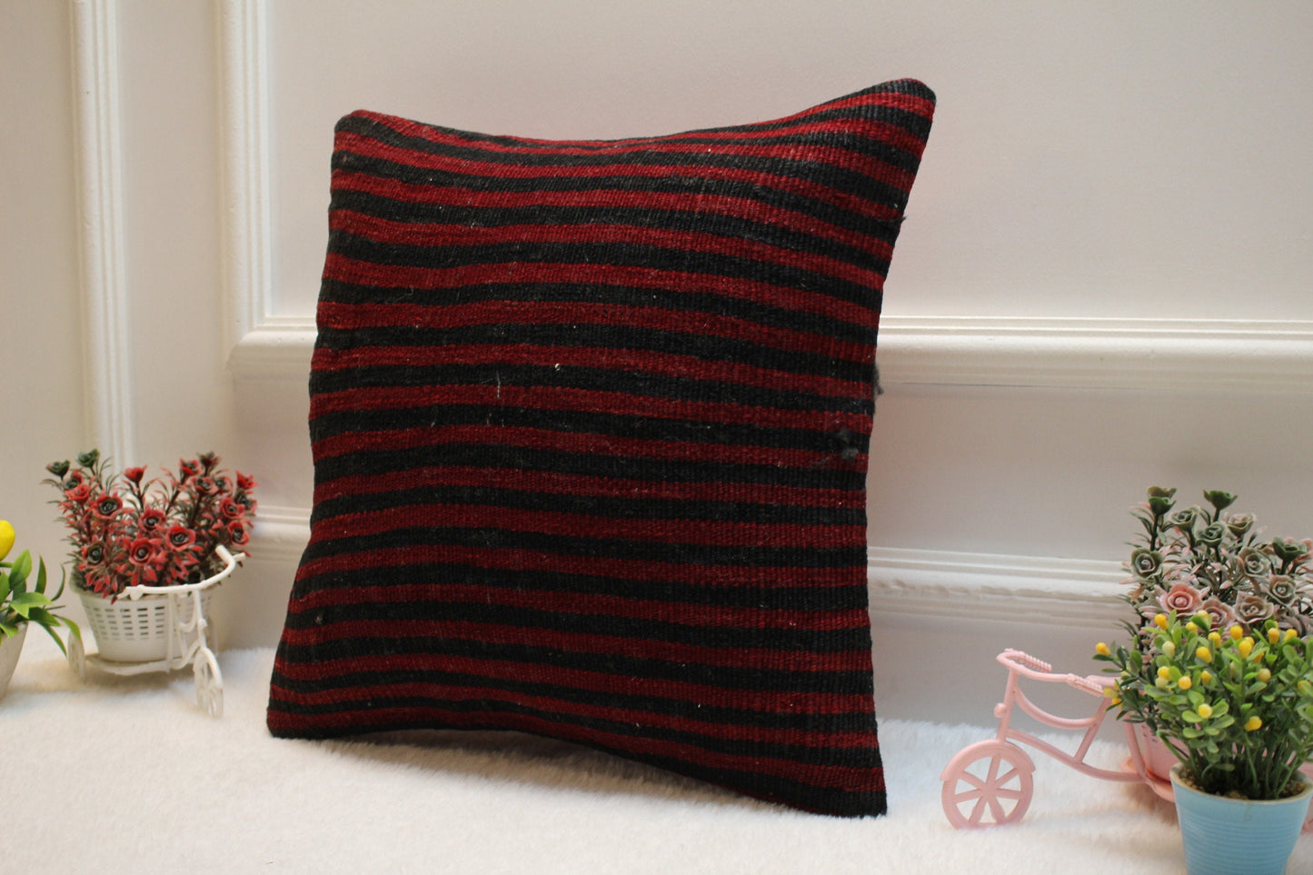 Red and Black Striped Kilim Pillow: Organic Wool Throw Pillow (16x16 in)