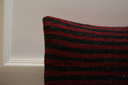 Red and Black Striped Kilim Pillow: Organic Wool Throw Pillow (16x16 in)
