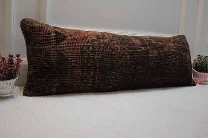 Handmade Turkish Rug Lumbar Pillow Cover: Red Wool Decor (12x36 in)