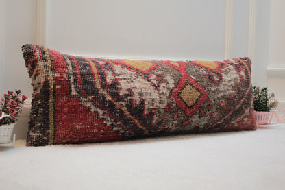 Handmade Turkish Lumbar Pillow Cover: Vintage Wool Kilim, 12x36 inch