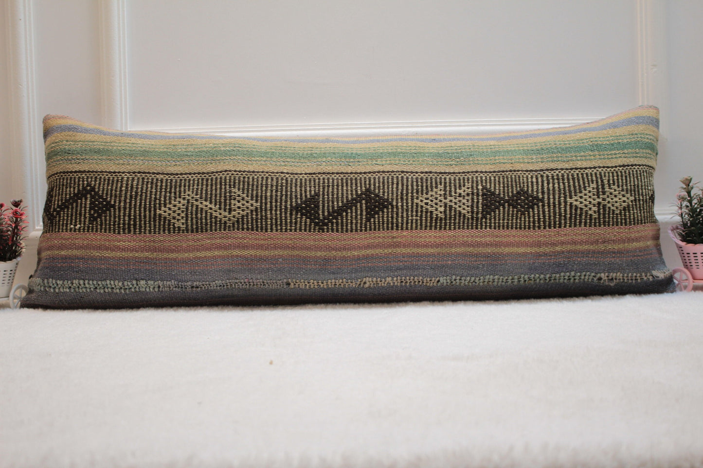 Handmade Kilim Pillow Cover: Upcycled Woven Rug, 12x36 inch