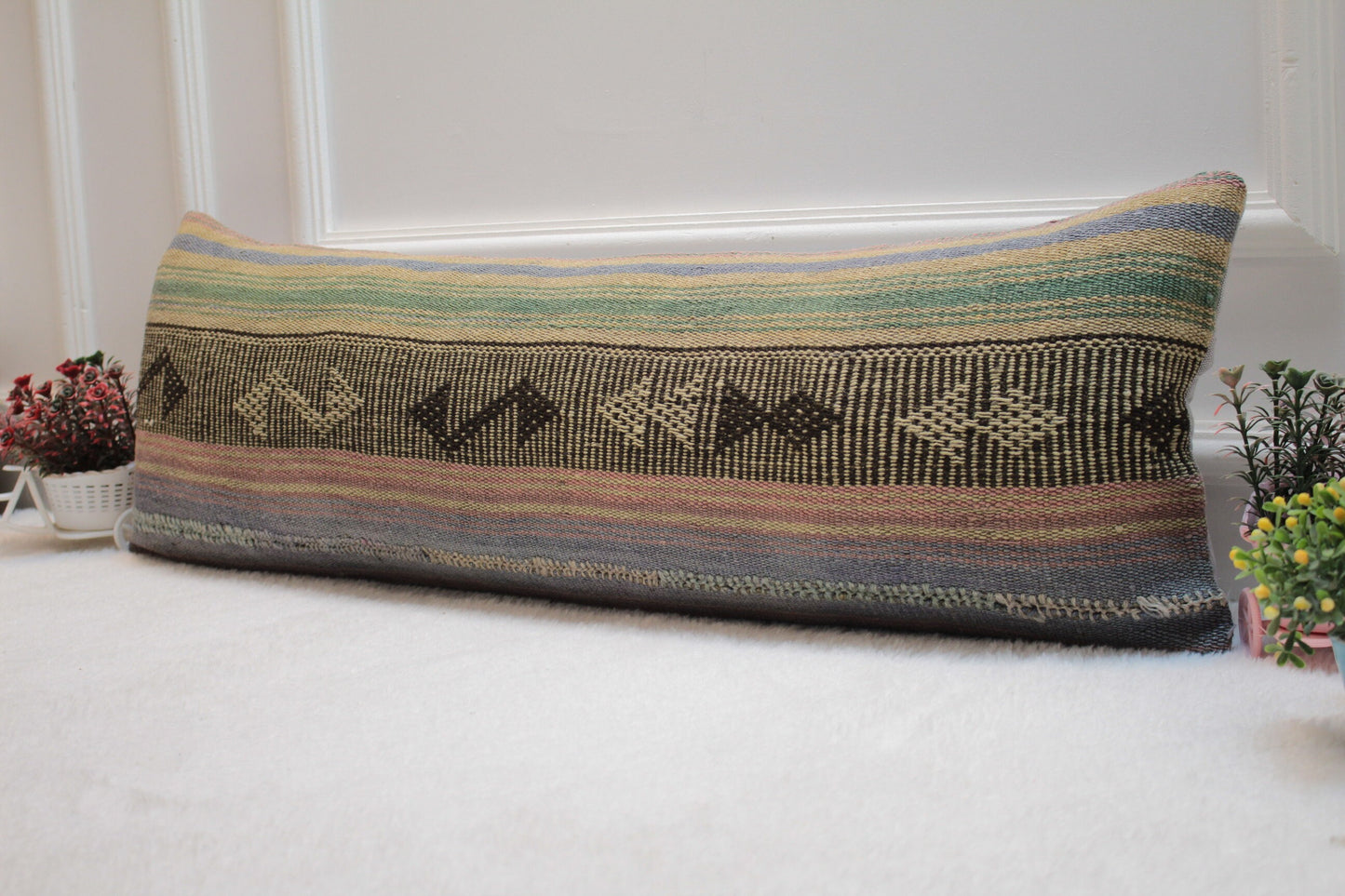 Handmade Kilim Pillow Cover: Upcycled Woven Rug, 12x36 inch