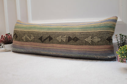 Handmade Kilim Pillow Cover: Upcycled Woven Rug, 12x36 inch