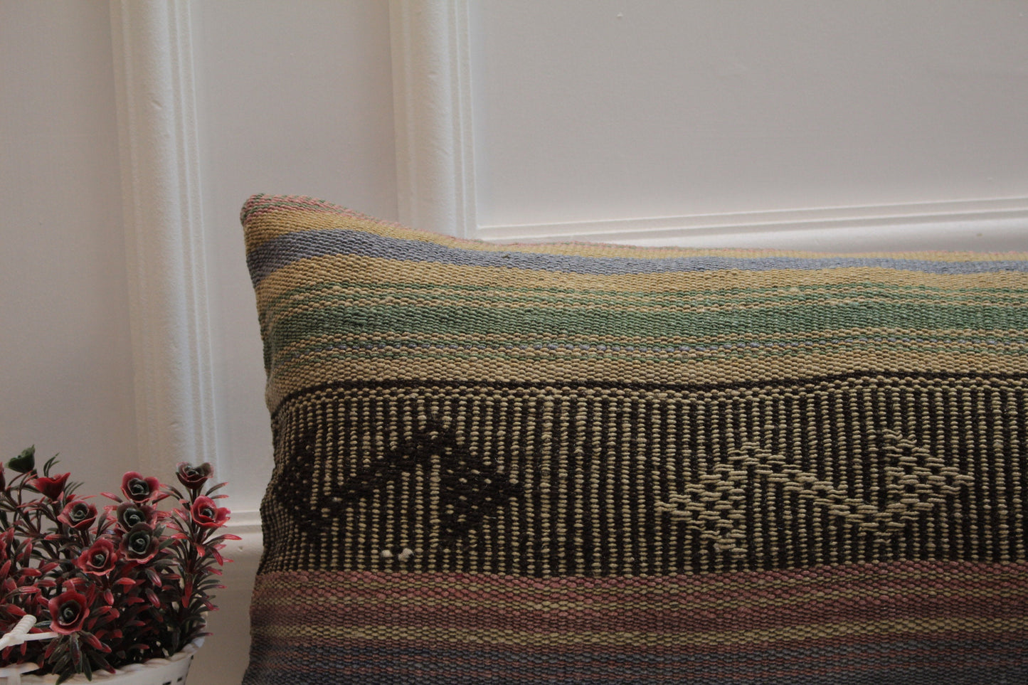 Handmade Kilim Pillow Cover: Upcycled Woven Rug, 12x36 inch