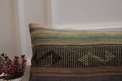 Handmade Kilim Pillow Cover: Upcycled Woven Rug, 12x36 inch
