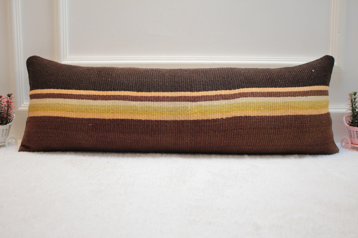 Handmade Striped Kilim Lumbar Pillow Cover: Brown, Yellow, Beige (12x36 in)