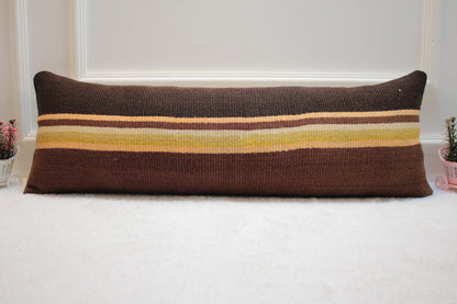 Handmade Striped Kilim Lumbar Pillow Cover: Brown, Yellow, Beige (12x36 in)