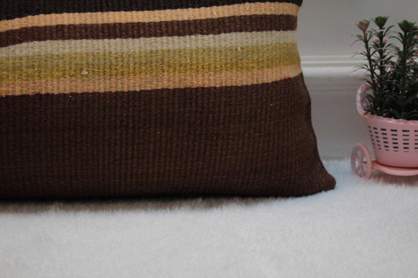 Handmade Striped Kilim Lumbar Pillow Cover: Brown, Yellow, Beige (12x36 in)