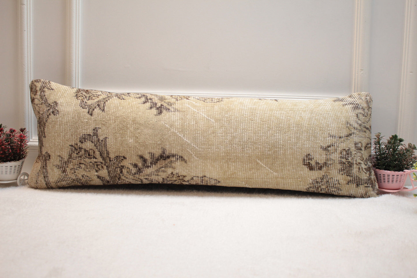 Handmade Kilim Pillow Cover: Upcycled Woven Rug, Beige Brown (12x36 in)