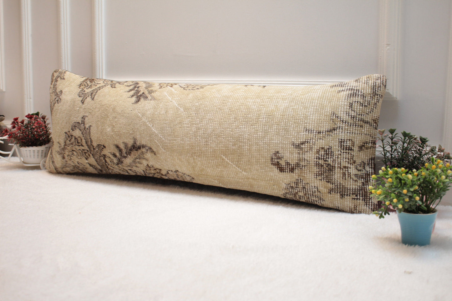 Handmade Kilim Pillow Cover: Upcycled Woven Rug, Beige Brown (12x36 in)