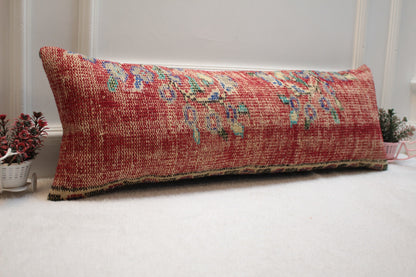 Floral Red Turkish Rug Lumbar Pillow Cover: Handmade Kilim Pillow (12x36 in)