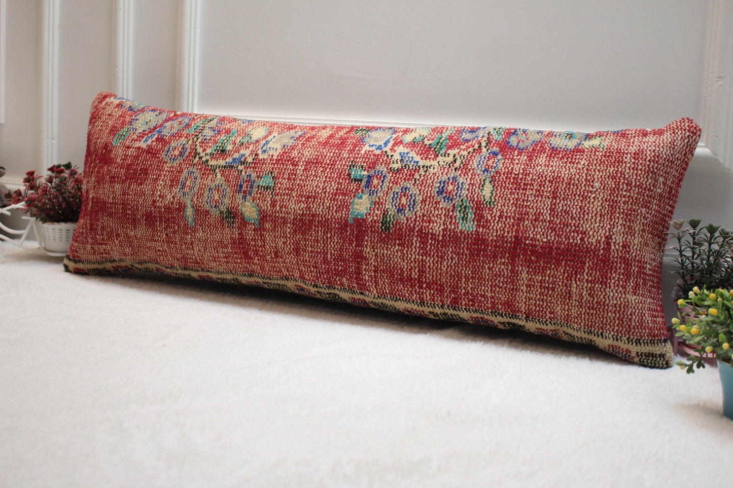 Floral Red Turkish Rug Lumbar Pillow Cover: Handmade Kilim Pillow (12x36 in)