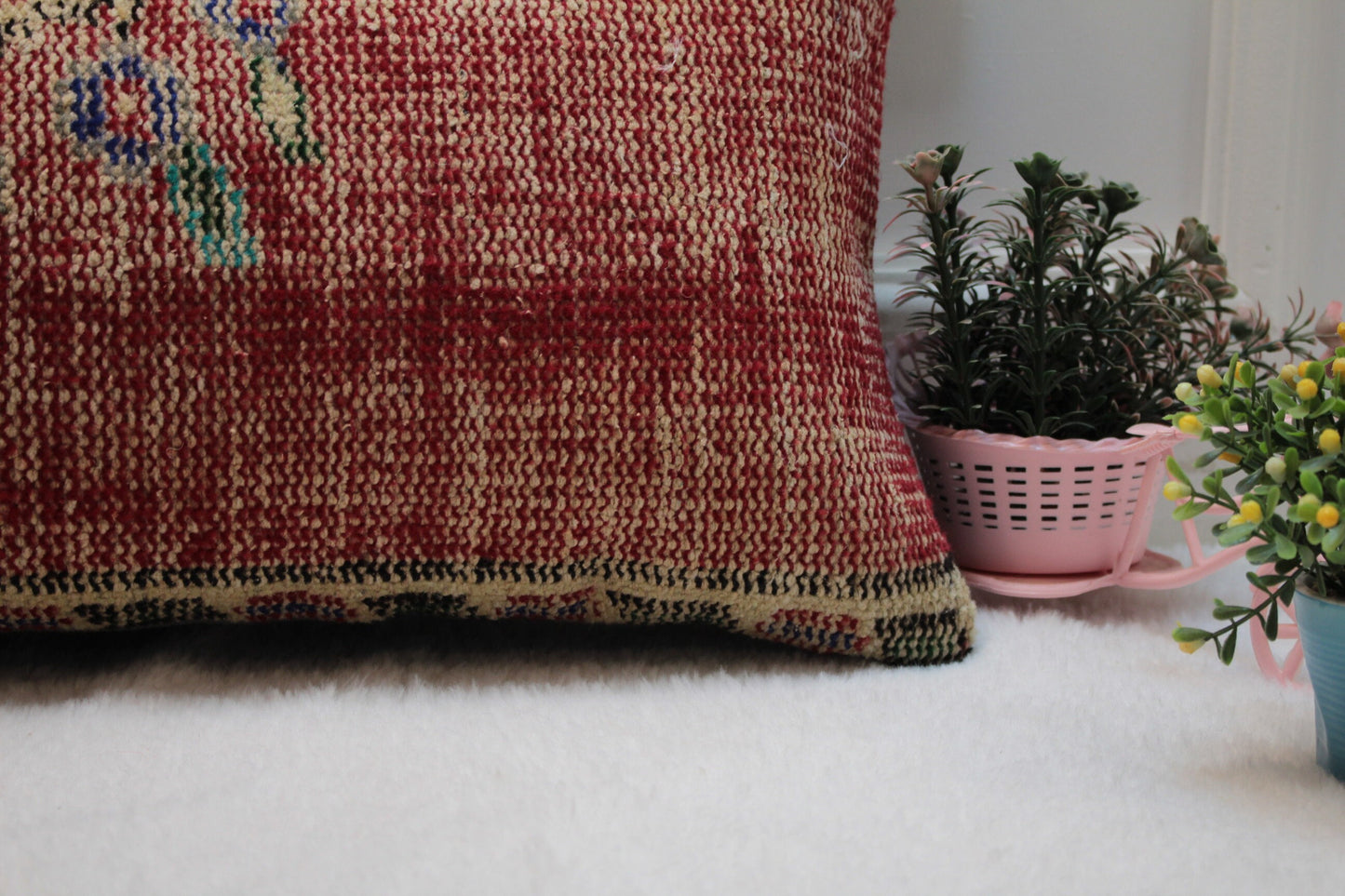 Floral Red Turkish Rug Lumbar Pillow Cover: Handmade Kilim Pillow (12x36 in)