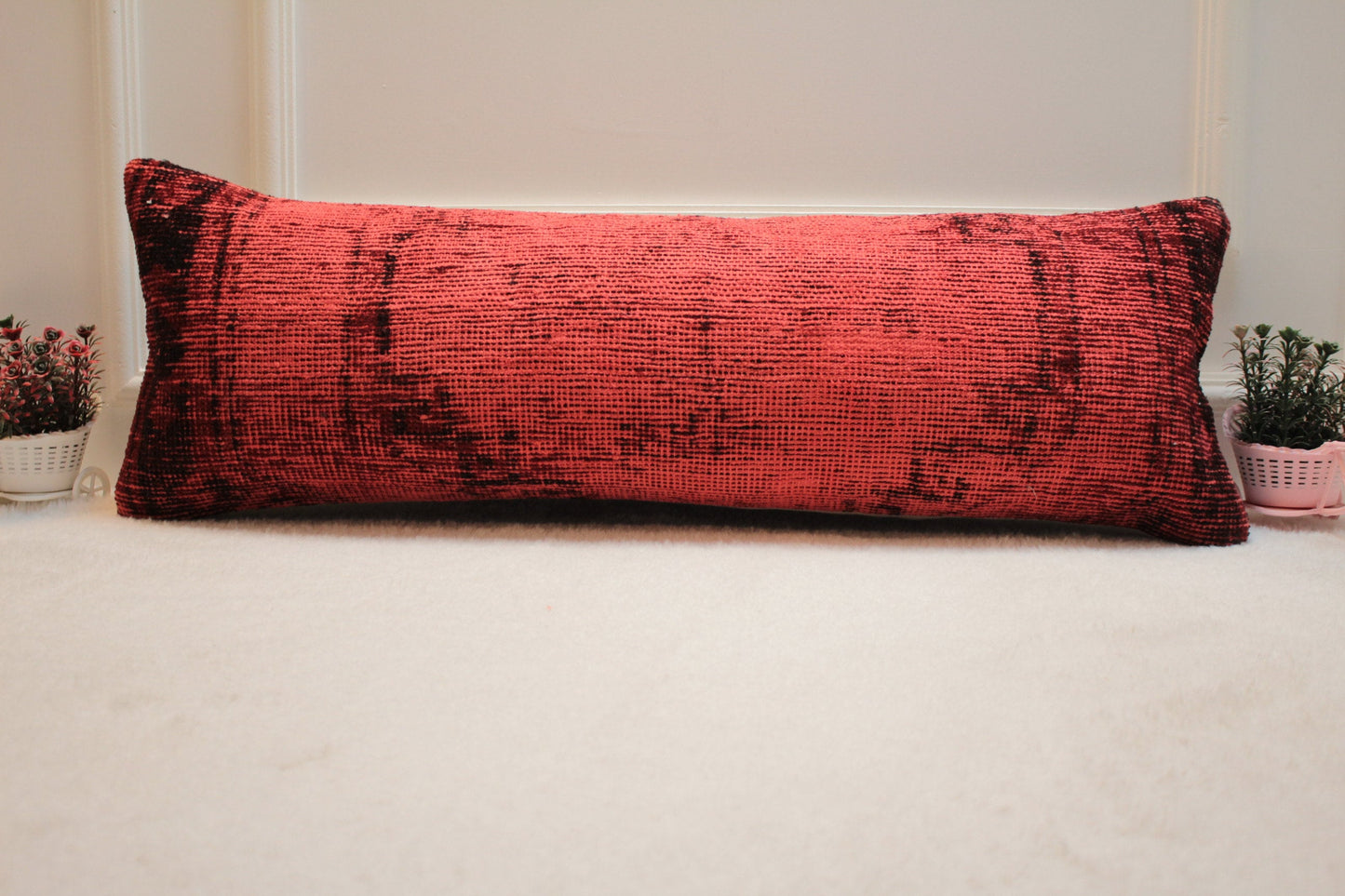 Handwoven Turkish Rug Lumbar Pillow Cover: Red Vintage Kilim, 12x36 inch