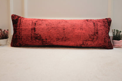 Handwoven Turkish Rug Lumbar Pillow Cover: Red Vintage Kilim, 12x36 inch