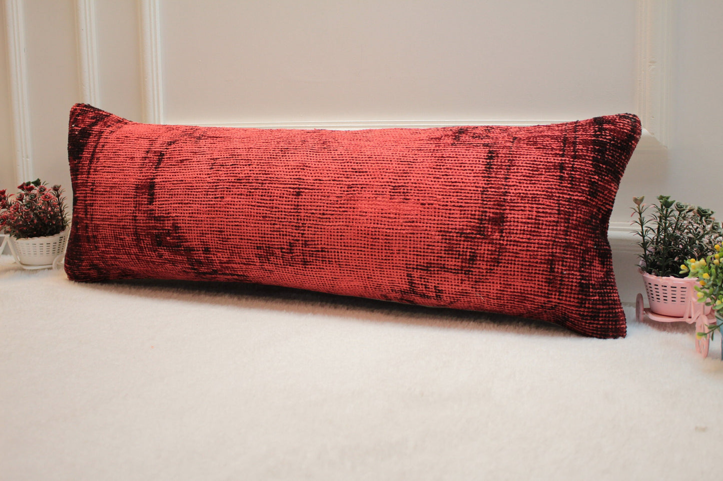 Handwoven Turkish Rug Lumbar Pillow Cover: Red Vintage Kilim, 12x36 inch