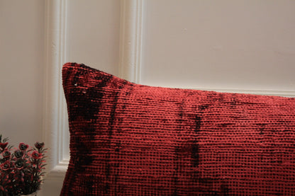 Handwoven Turkish Rug Lumbar Pillow Cover: Red Vintage Kilim, 12x36 inch