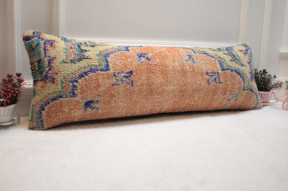 Handmade Turkish Rug Lumbar Pillow Cover: Orange, Blue, Beige (12x36 inc)