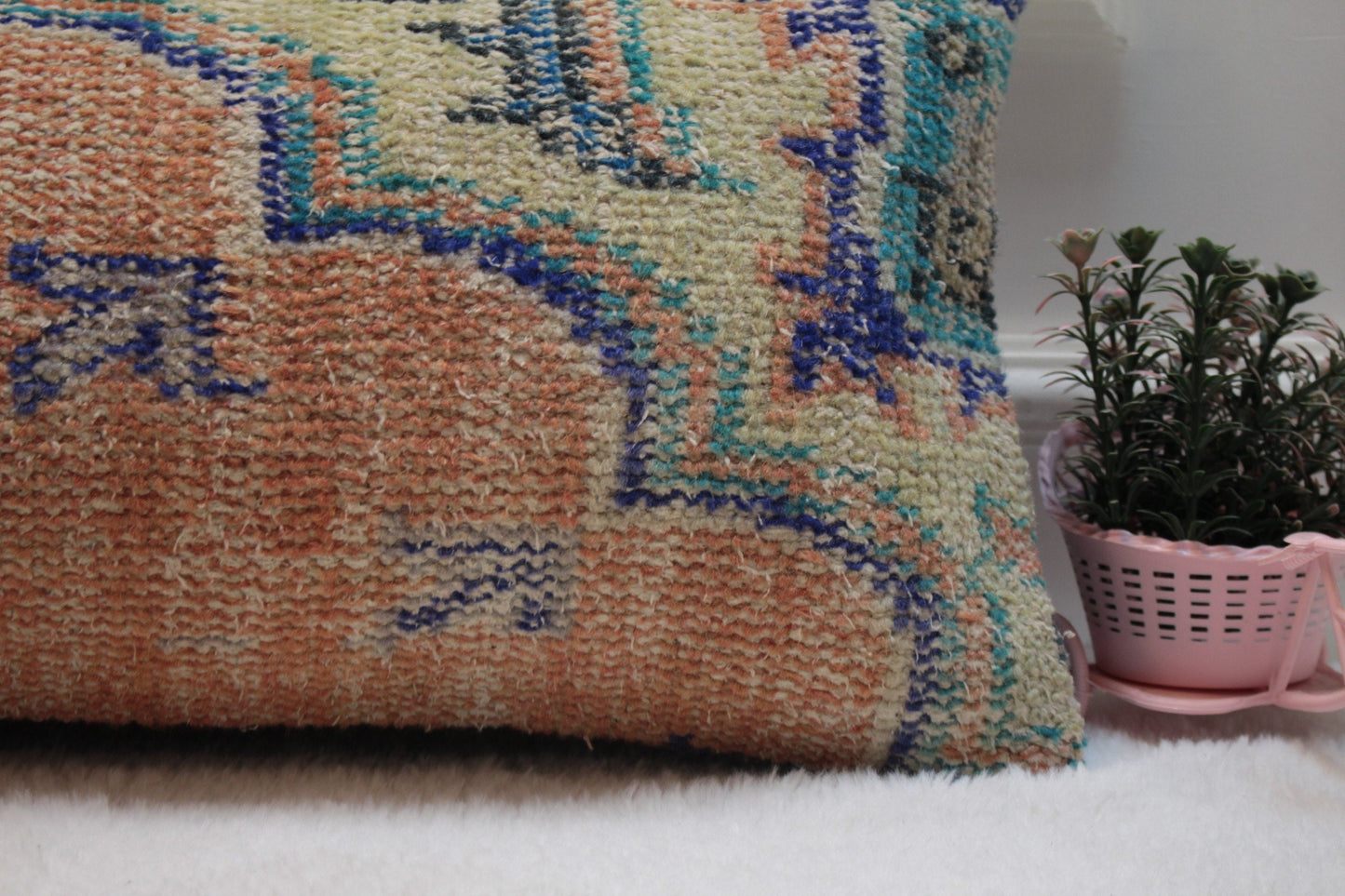 Handmade Turkish Rug Lumbar Pillow Cover: Orange, Blue, Beige (12x36 inc)