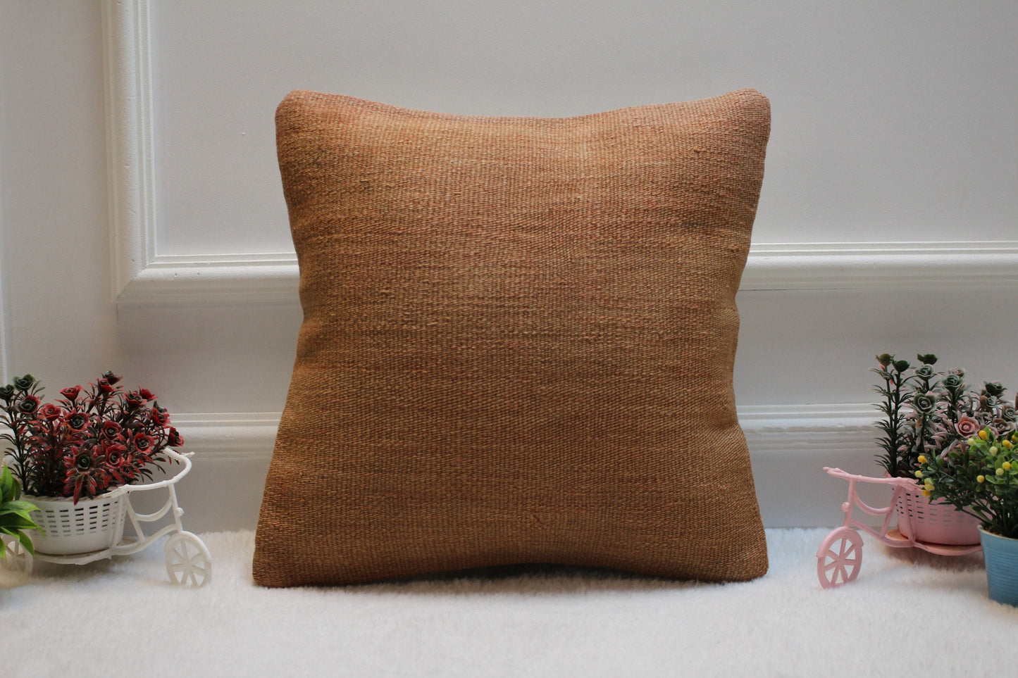 Handmade Kilim Pillow Cover: 16x16 Brown Woven Wool, Upcycled Rug