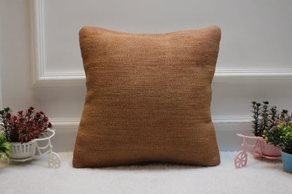 Handmade Kilim Pillow Cover: 16x16 Brown Woven Wool, Upcycled Rug