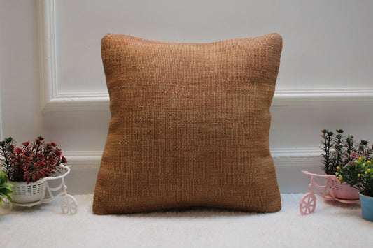 Handmade Kilim Pillow Cover: 16x16 Brown Woven Wool, Upcycled Rug