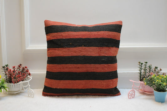 Handmade Kilim Pillow Cover: Striped Woven Rug, 16x16 inc